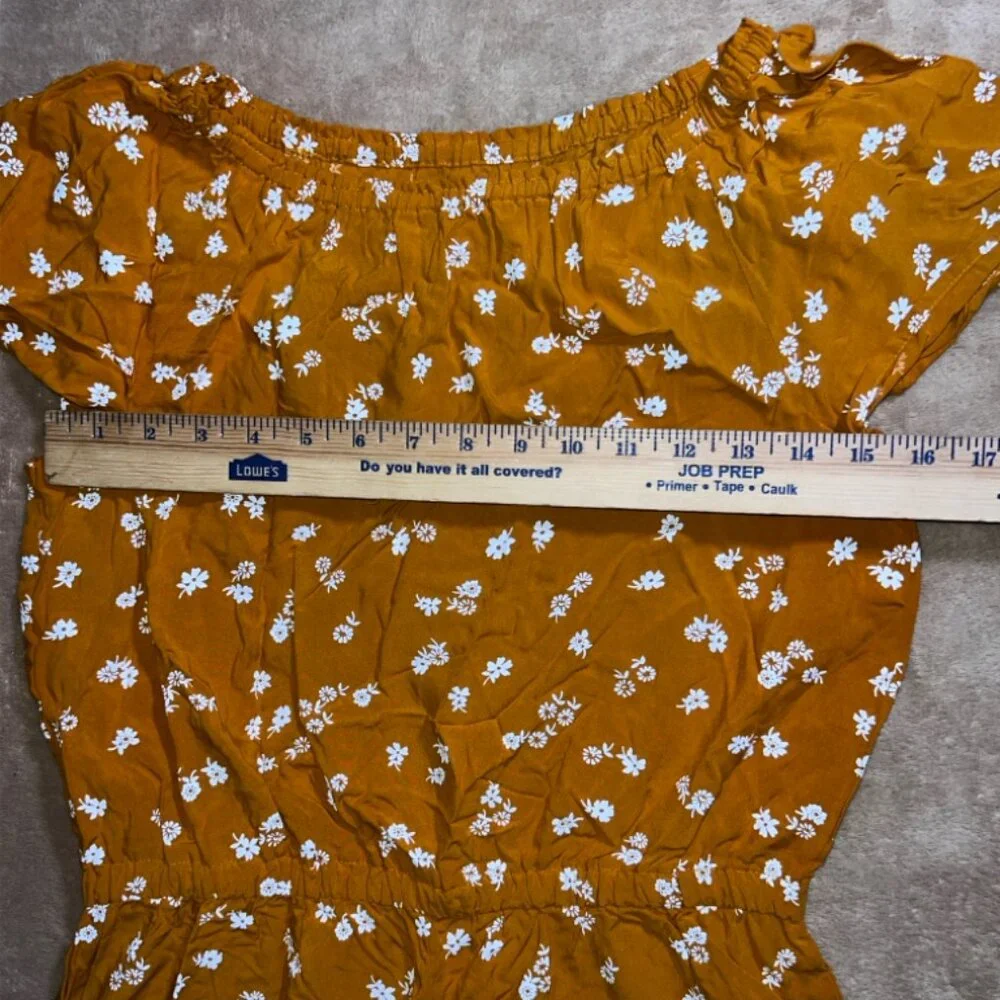 Old Navy Girls XXL (16) Mustard Floral‎ Off the Shoulder Cap Short Sleeve Romper